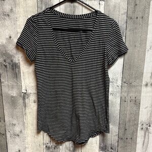 Lululemon Athletica Black and White Striped V-Neck Tee